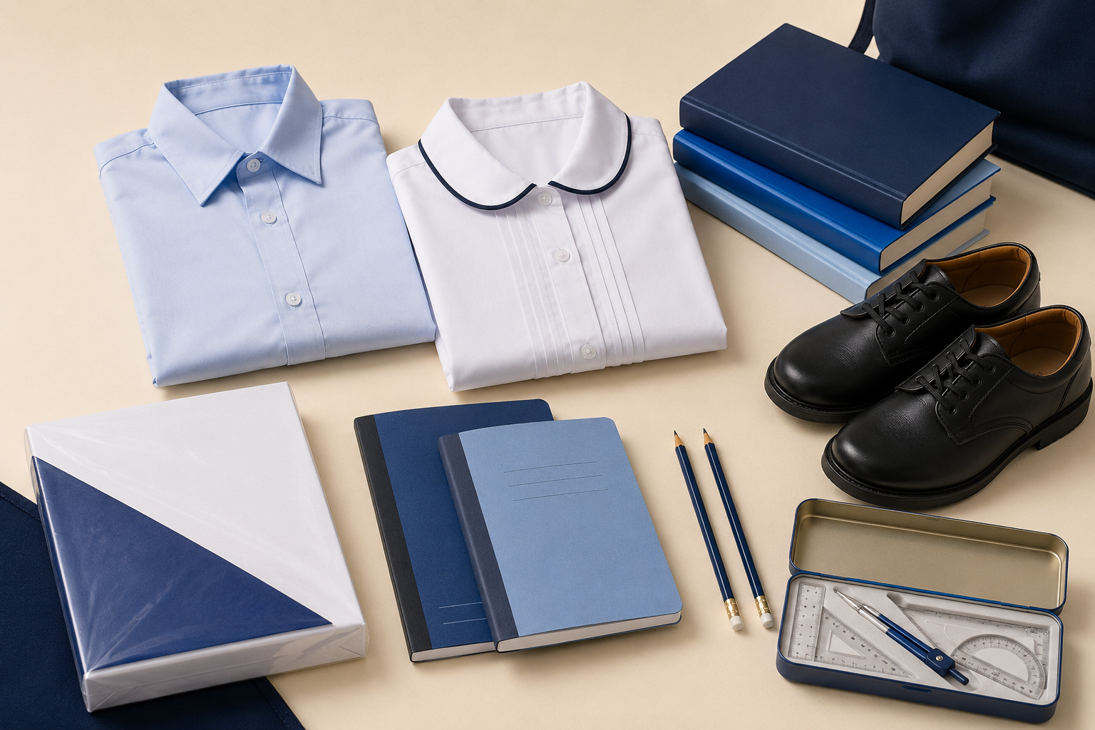 Uniforms, books, shoes, copies, paper and stationery